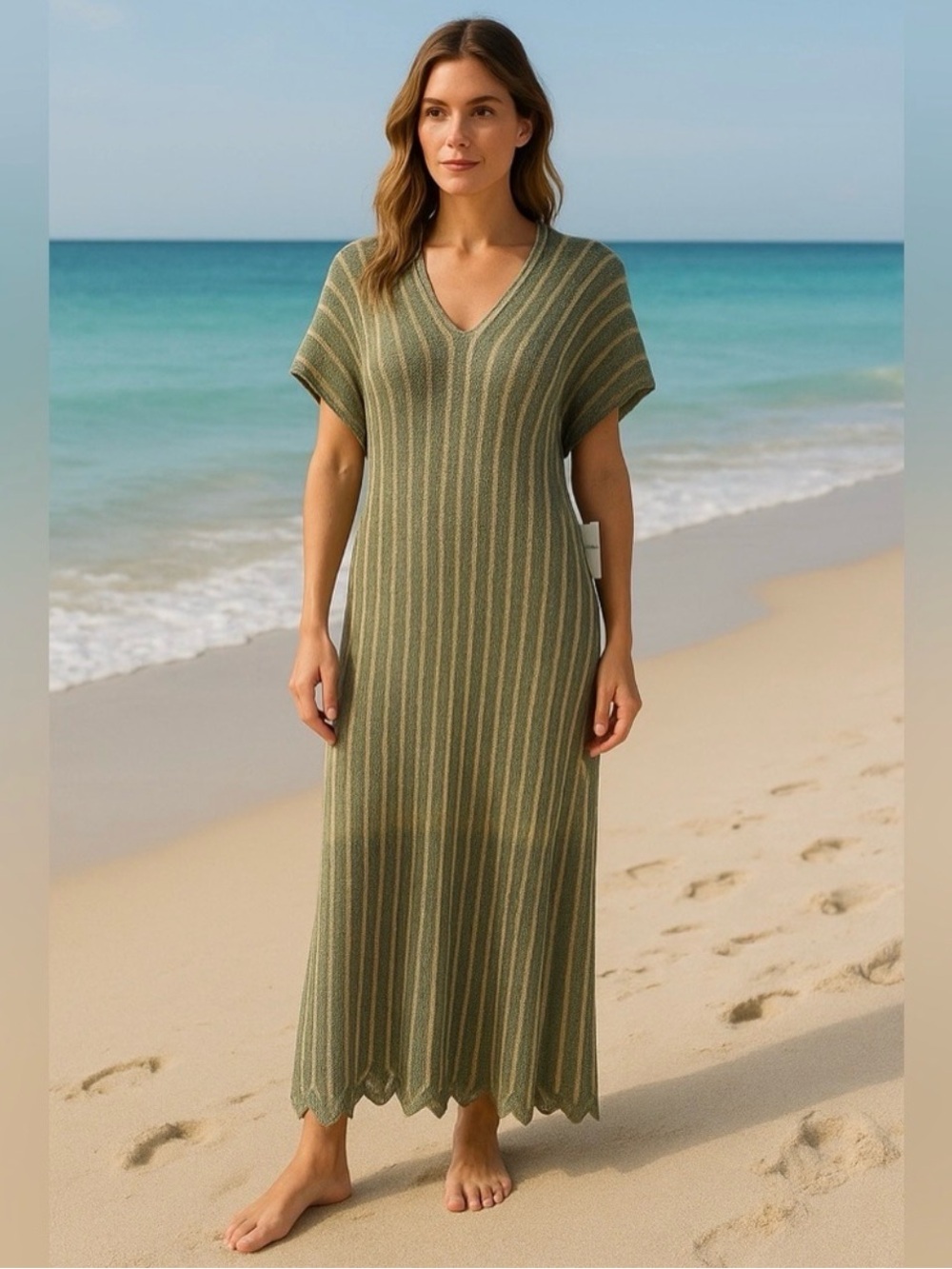 Floris Crochet Gold Metallic and Olive Green Striped Knit V-Neck Maxi Dress S/M